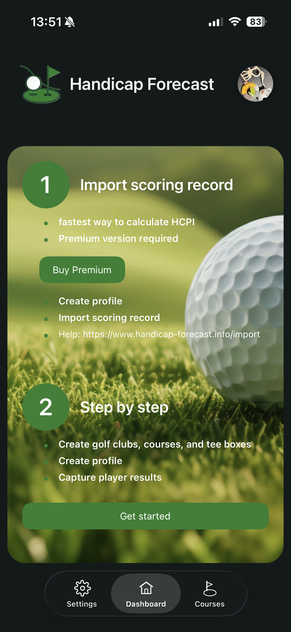 Start screen with Import Scoring Record and Step by step setup options