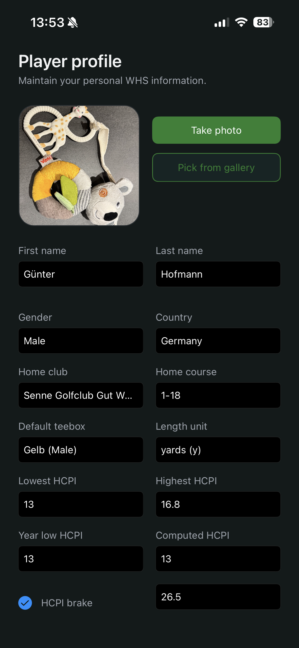 Player profile form with personal and HCPI baseline data