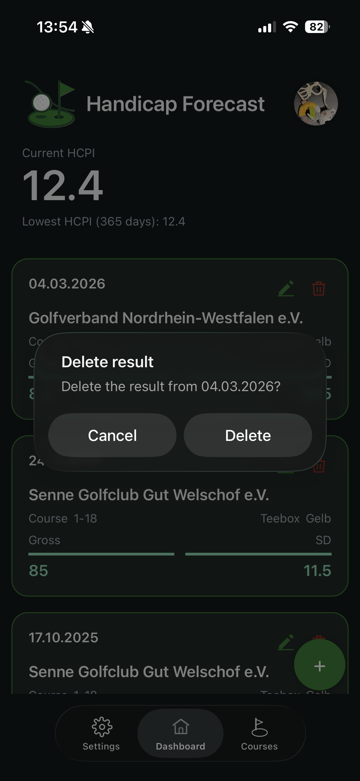 Delete result confirmation dialog on the dashboard
