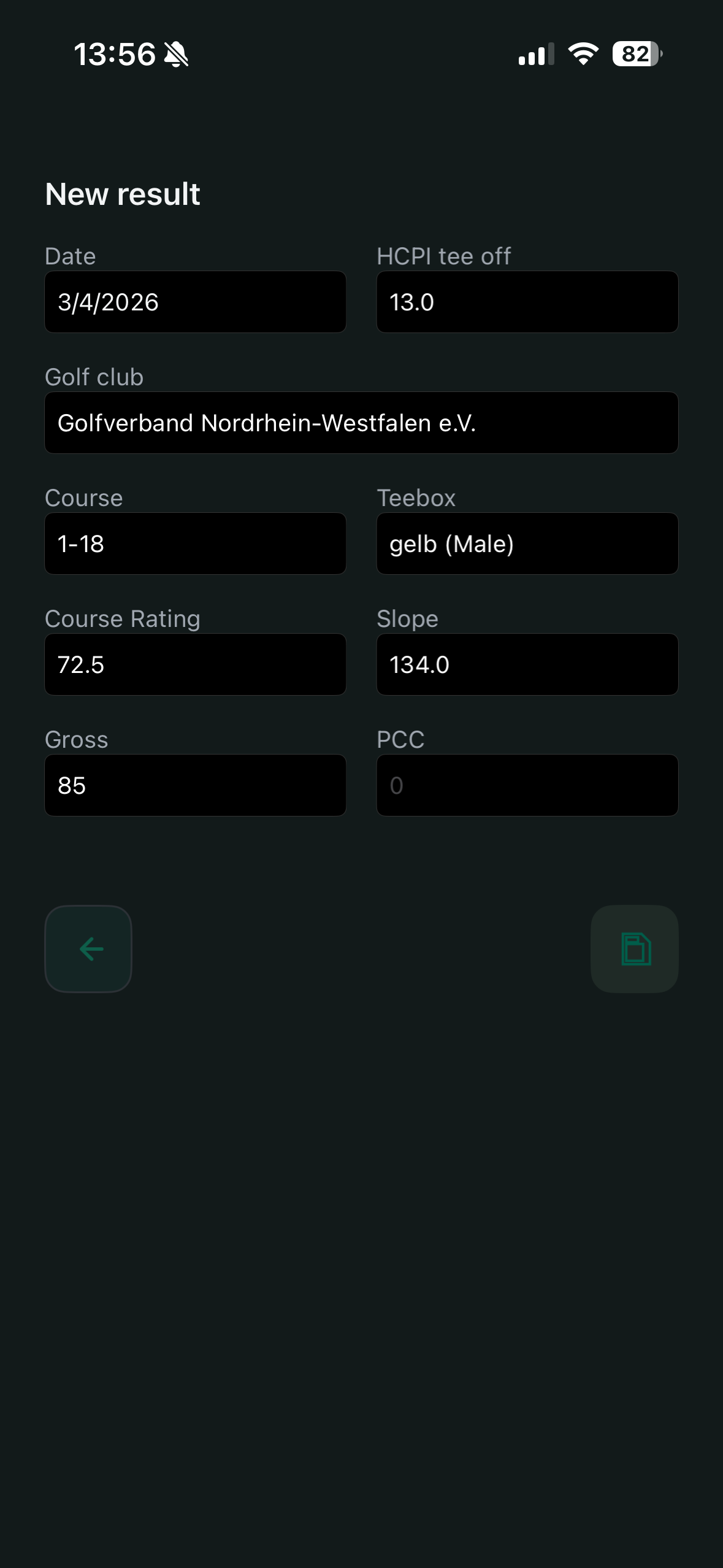New result form with round data fields populated