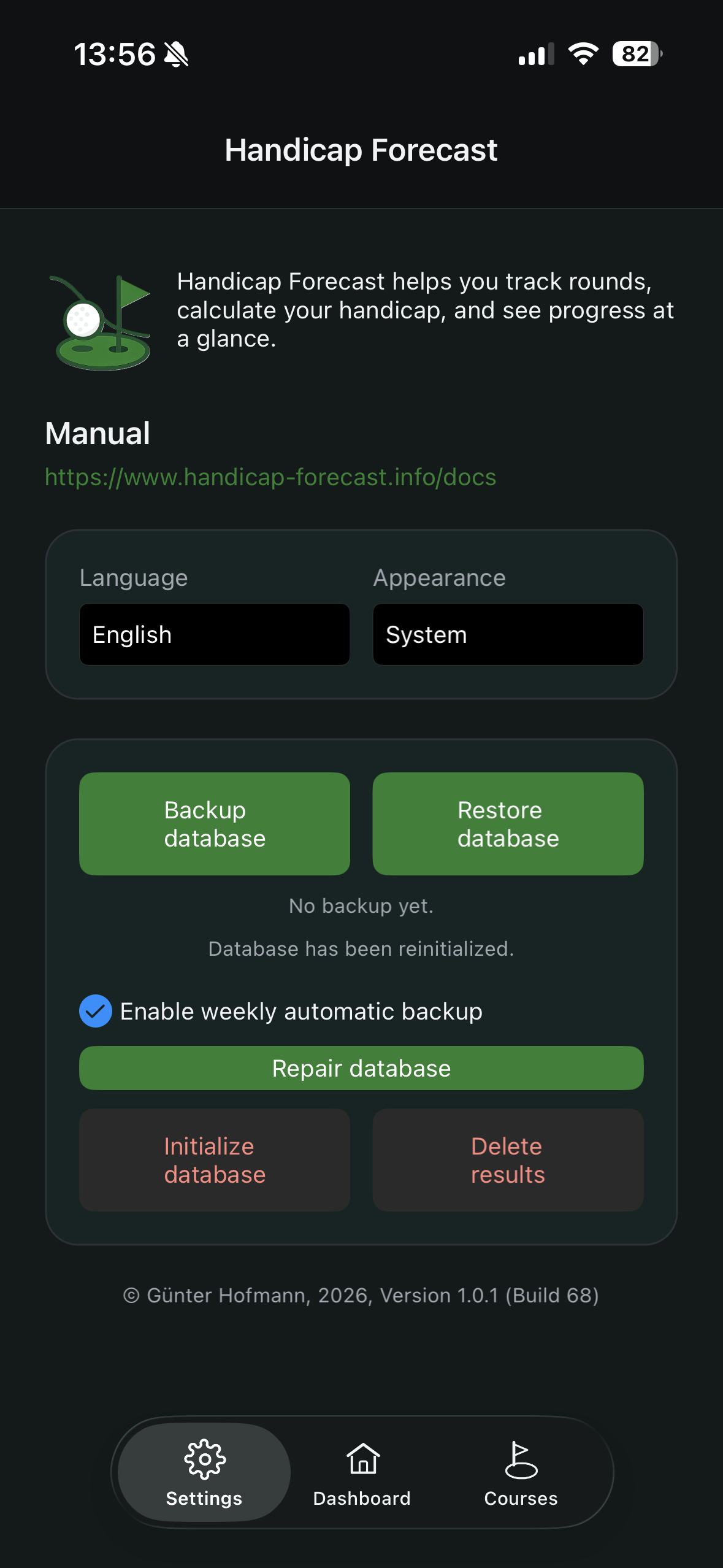 Settings screen with language, appearance, backup, restore, and maintenance actions