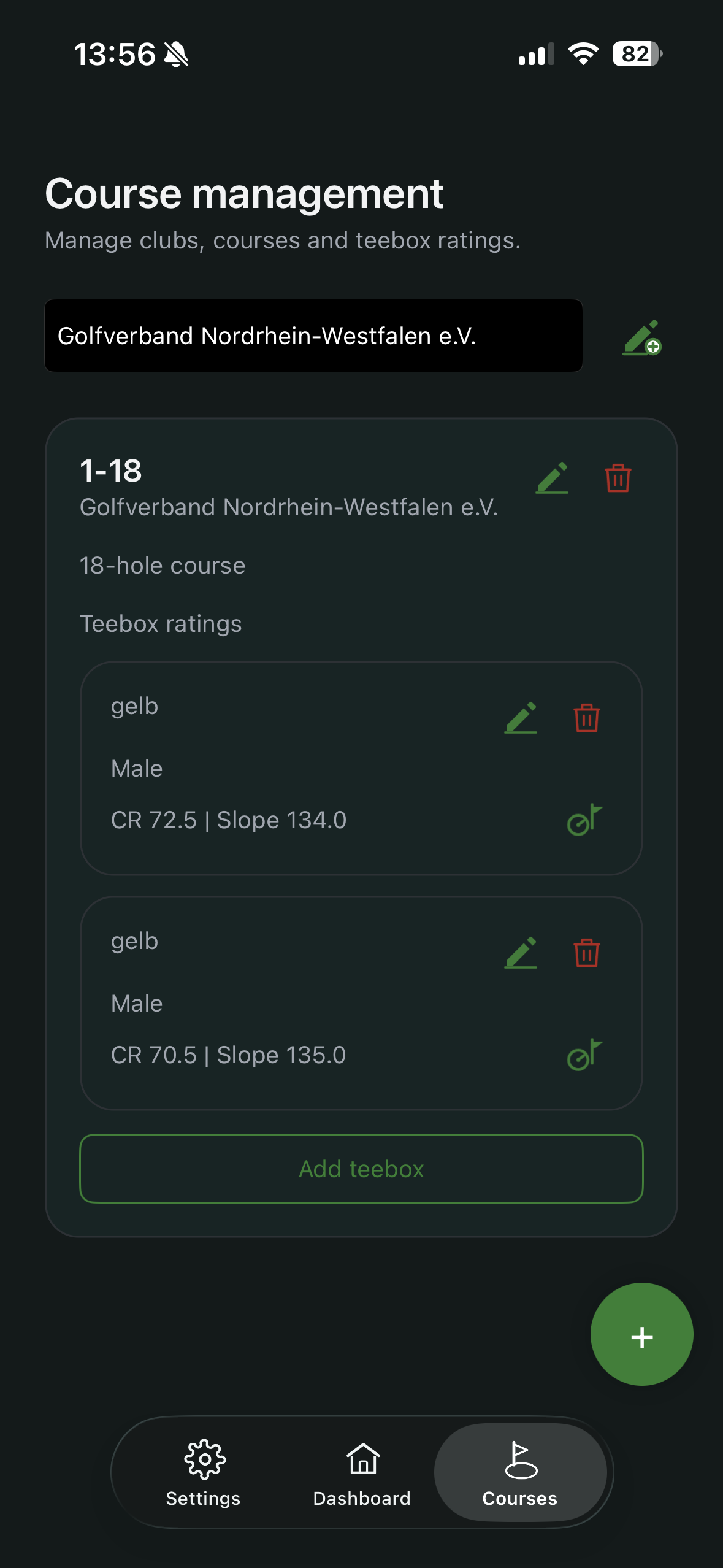 Course management screen with selected course and tee box ratings