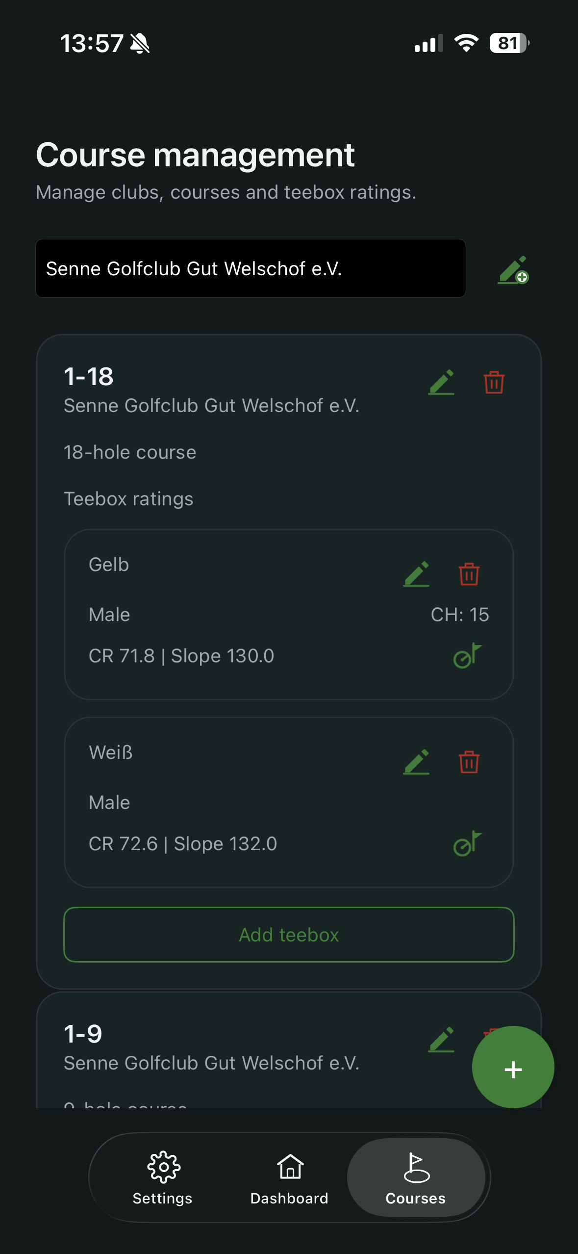 Course view showing Course Handicap value next to tee box data