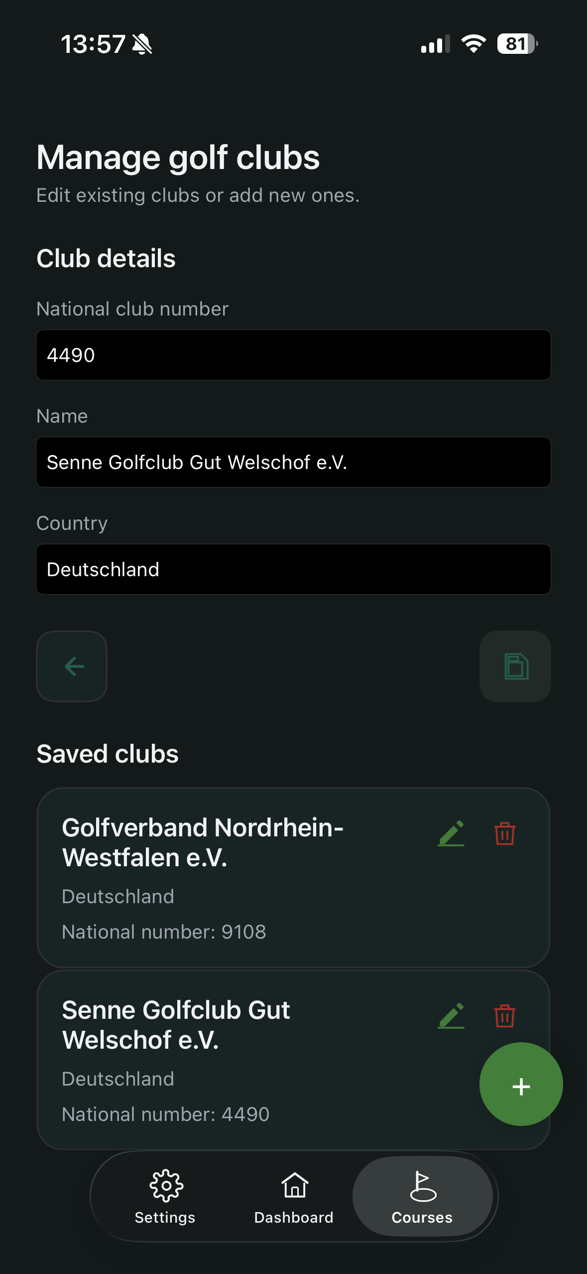 Club management form with saved clubs list and add action