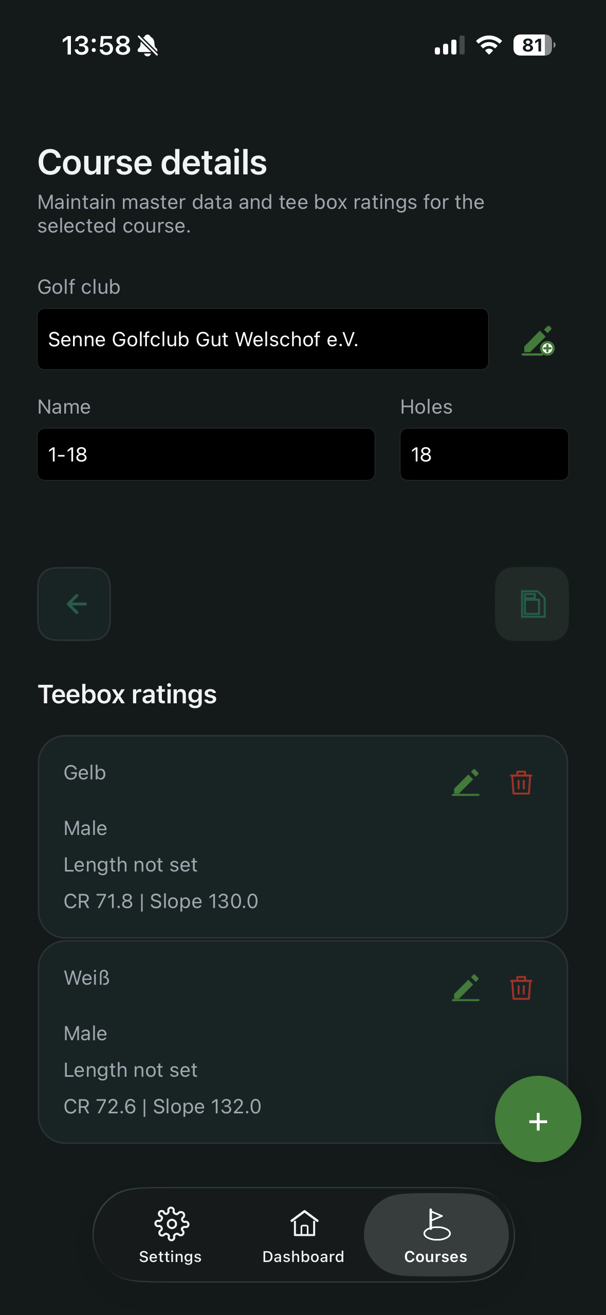 Course details form with linked tee box ratings list