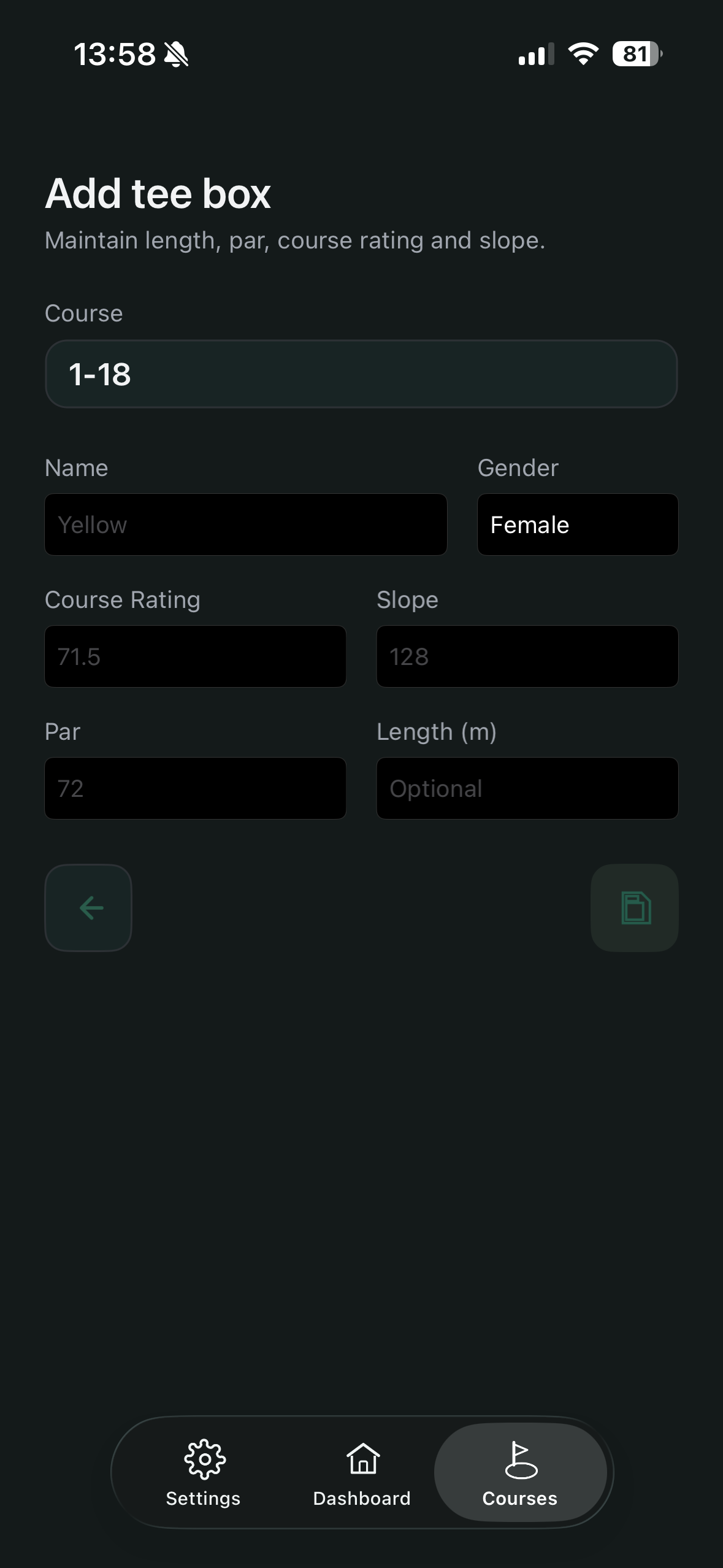 Add tee box form with Course Rating, Slope, par, and optional length
