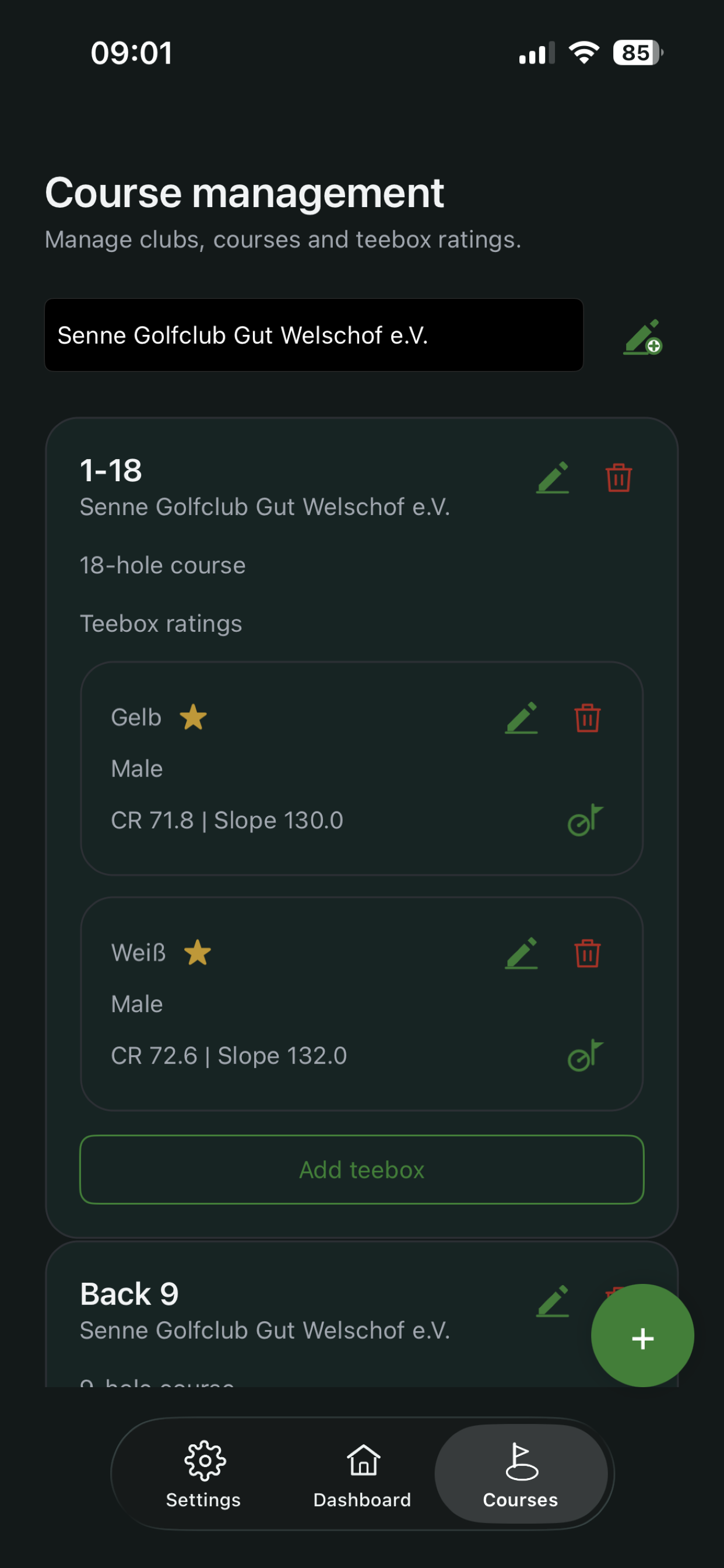 Course view with tee box entries and Course Handicap preview