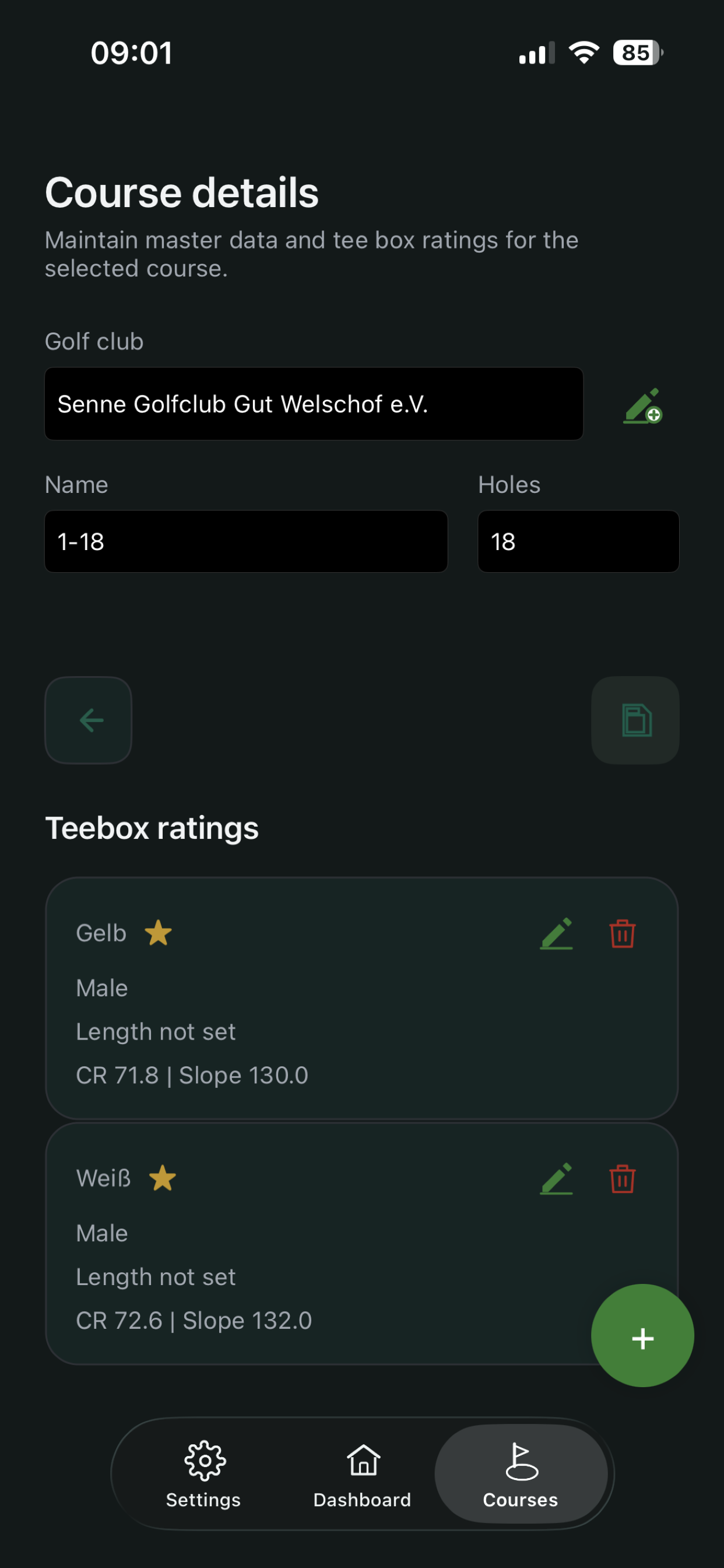 Course details form with linked tee box ratings list