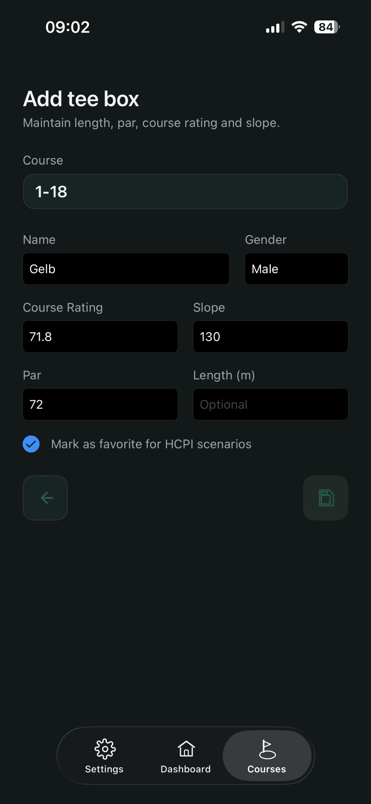 Add tee box form with Course Rating, Slope, par, and optional length