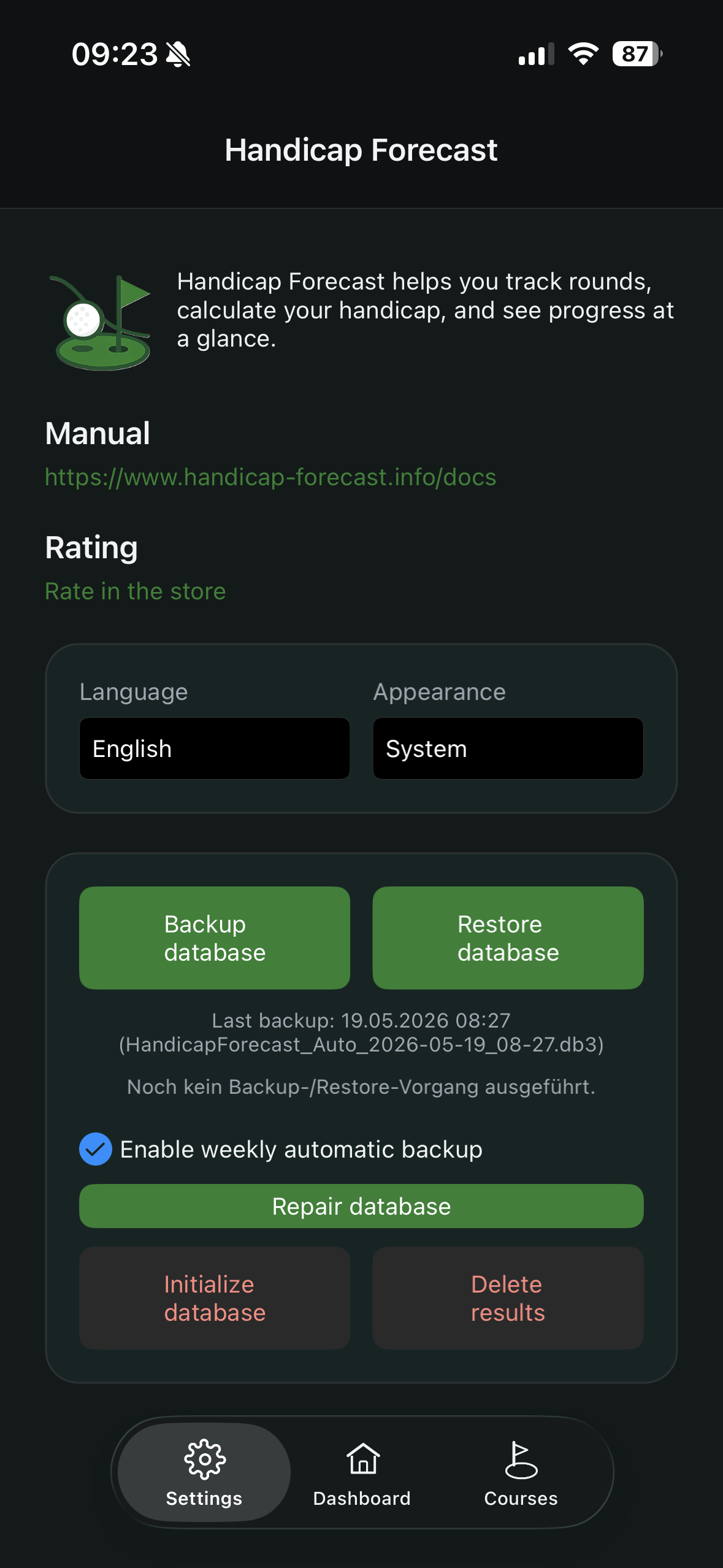 Settings screen with language, appearance, backup, restore, and maintenance actions