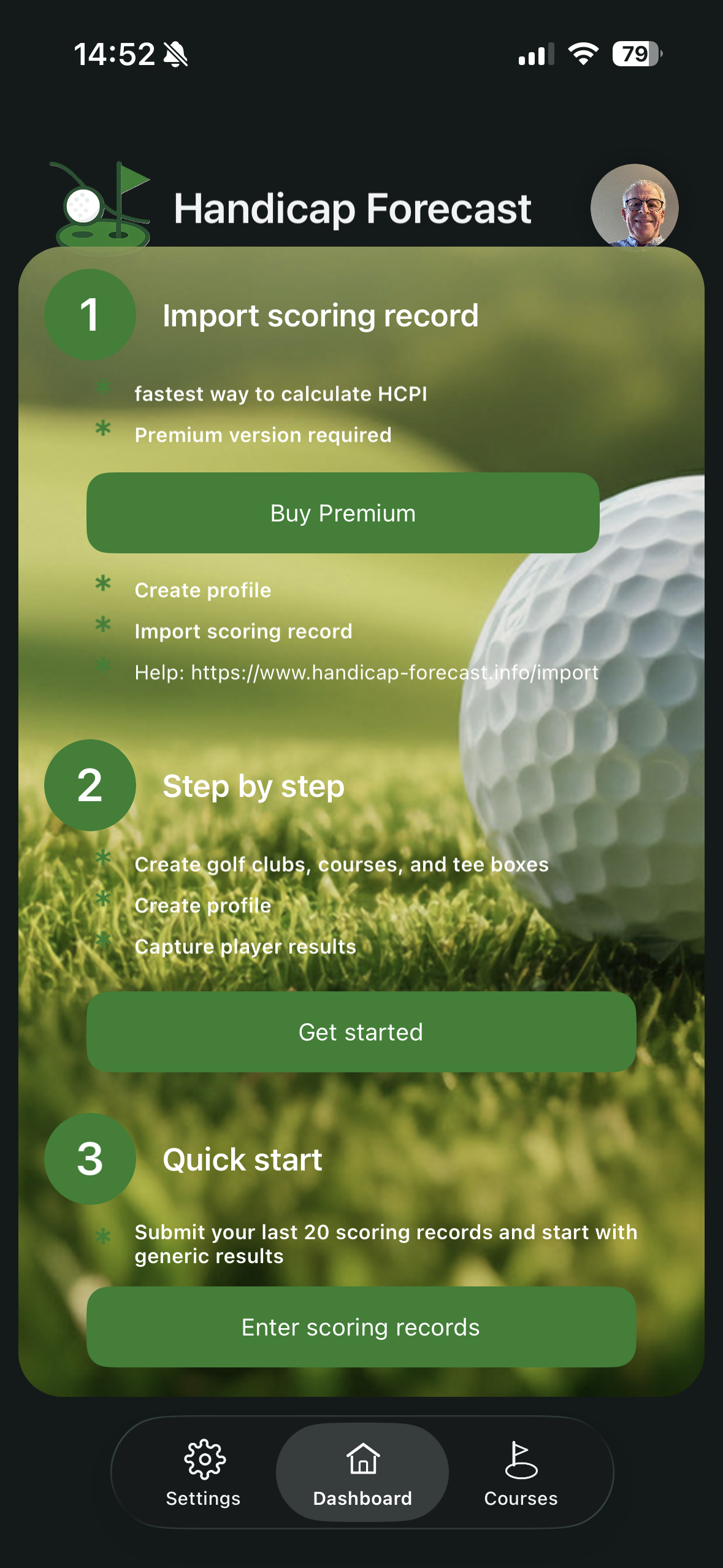 Start screen with Import Scoring Record and Step by step setup options