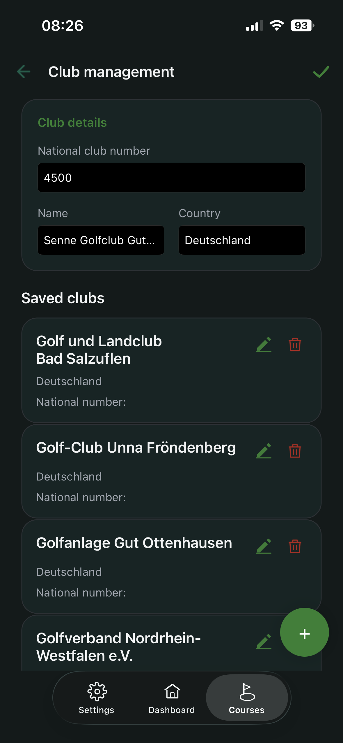 Club management form with saved clubs list and add action