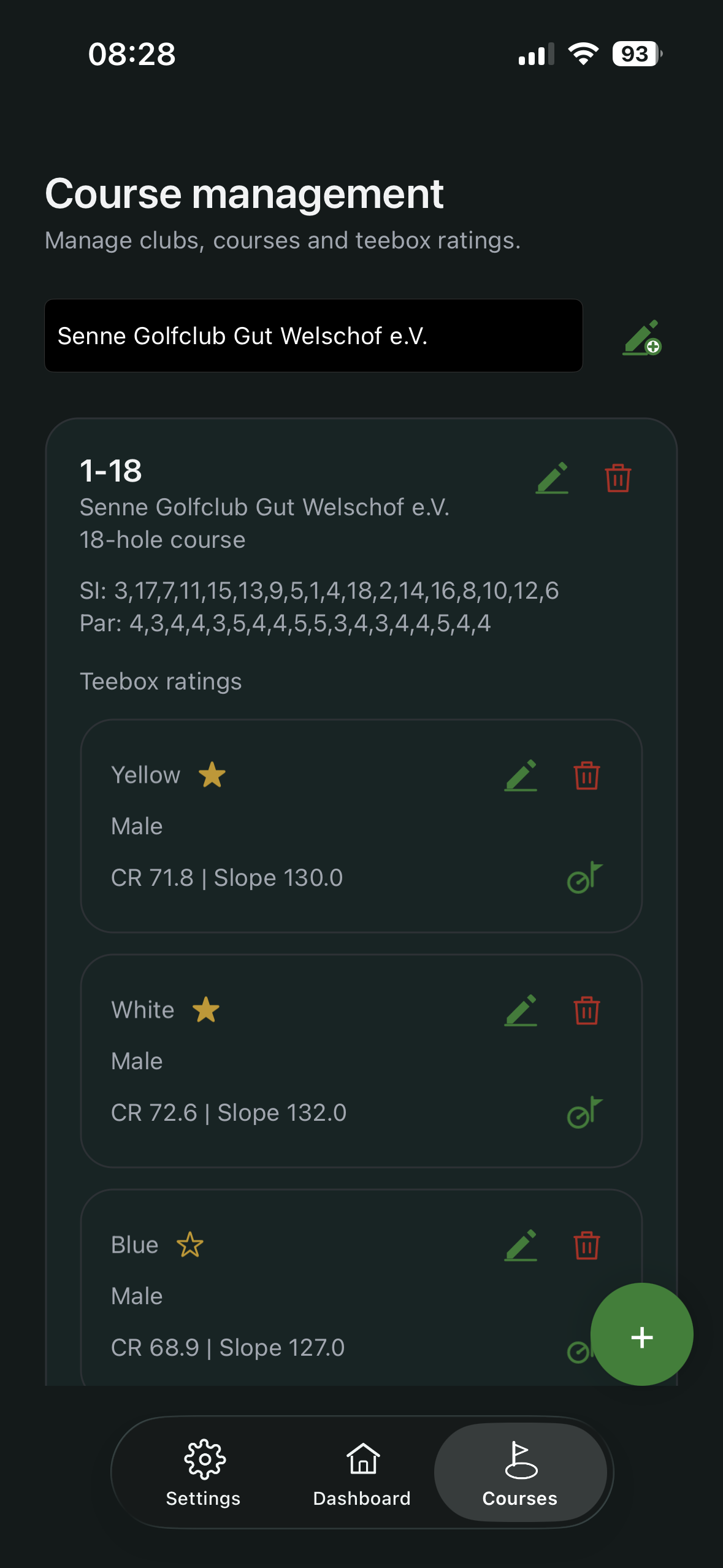 Course management screen with selected course and tee box ratings