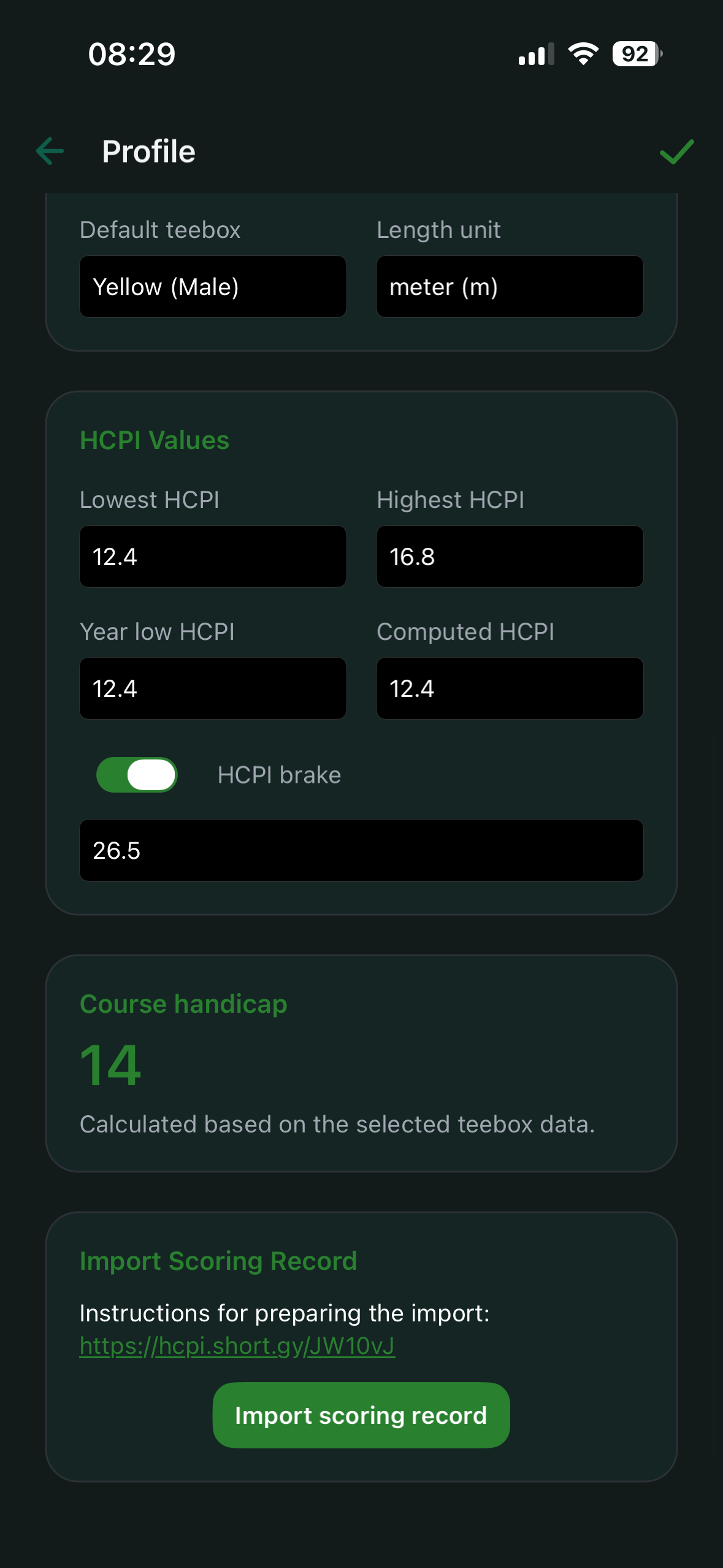 Profile - Course Handicap and import