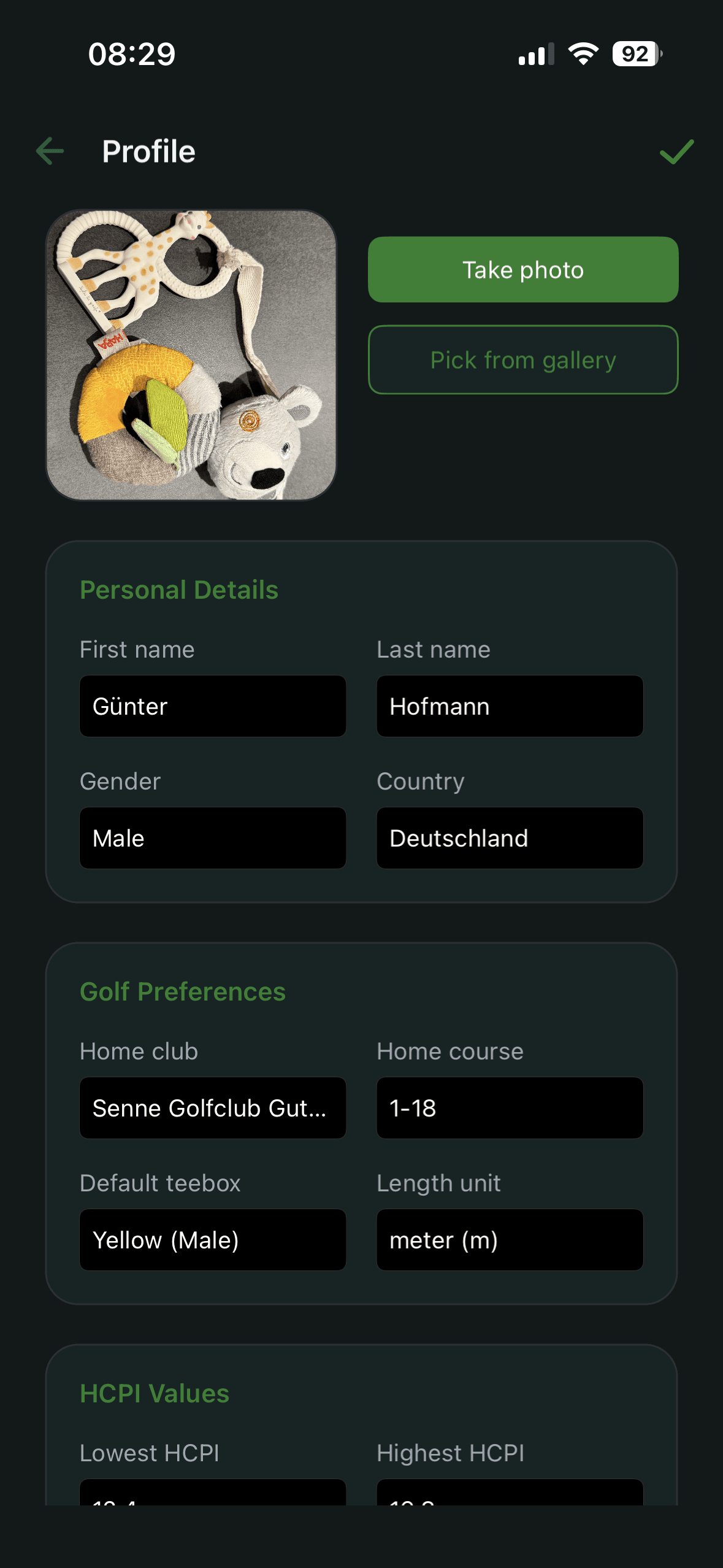 Player profile form with personal and HCPI baseline data