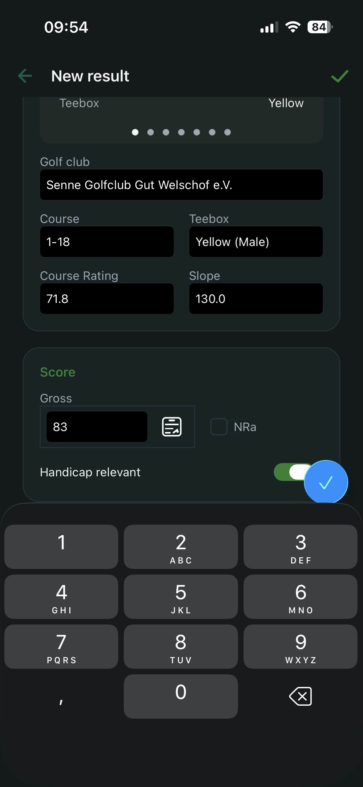 Result entry with numeric keypad