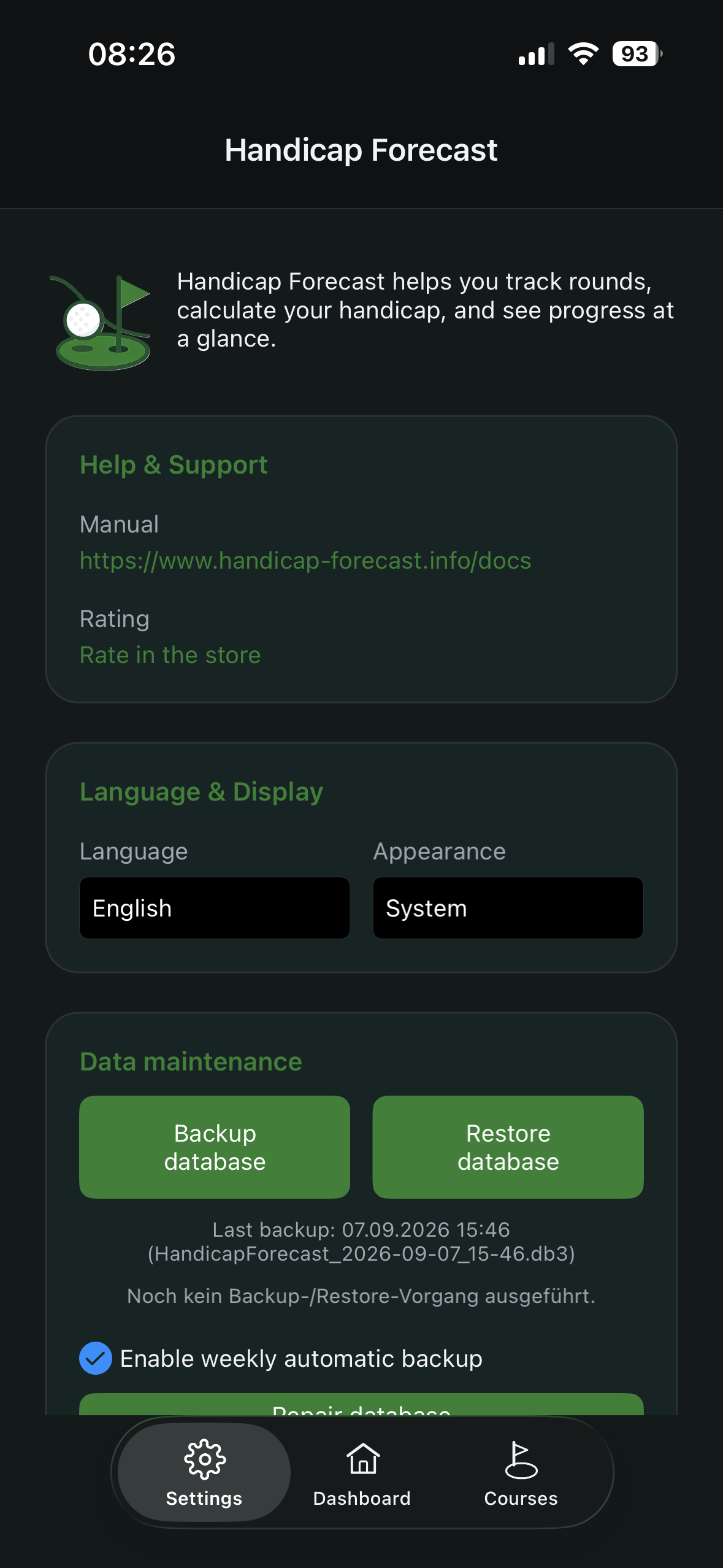 Settings screen with language, appearance, backup, restore, and maintenance actions