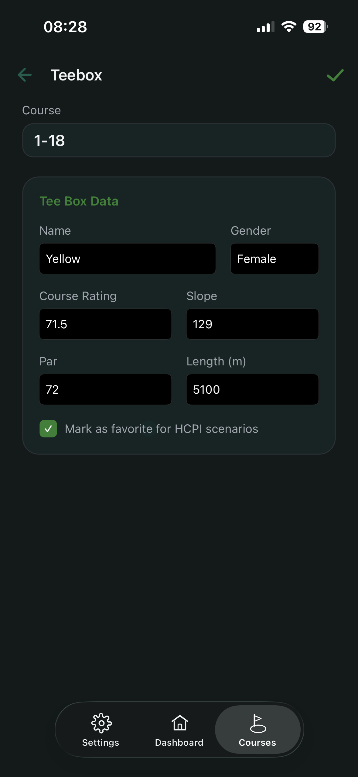 Add tee box form with Course Rating, Slope, par, and optional length