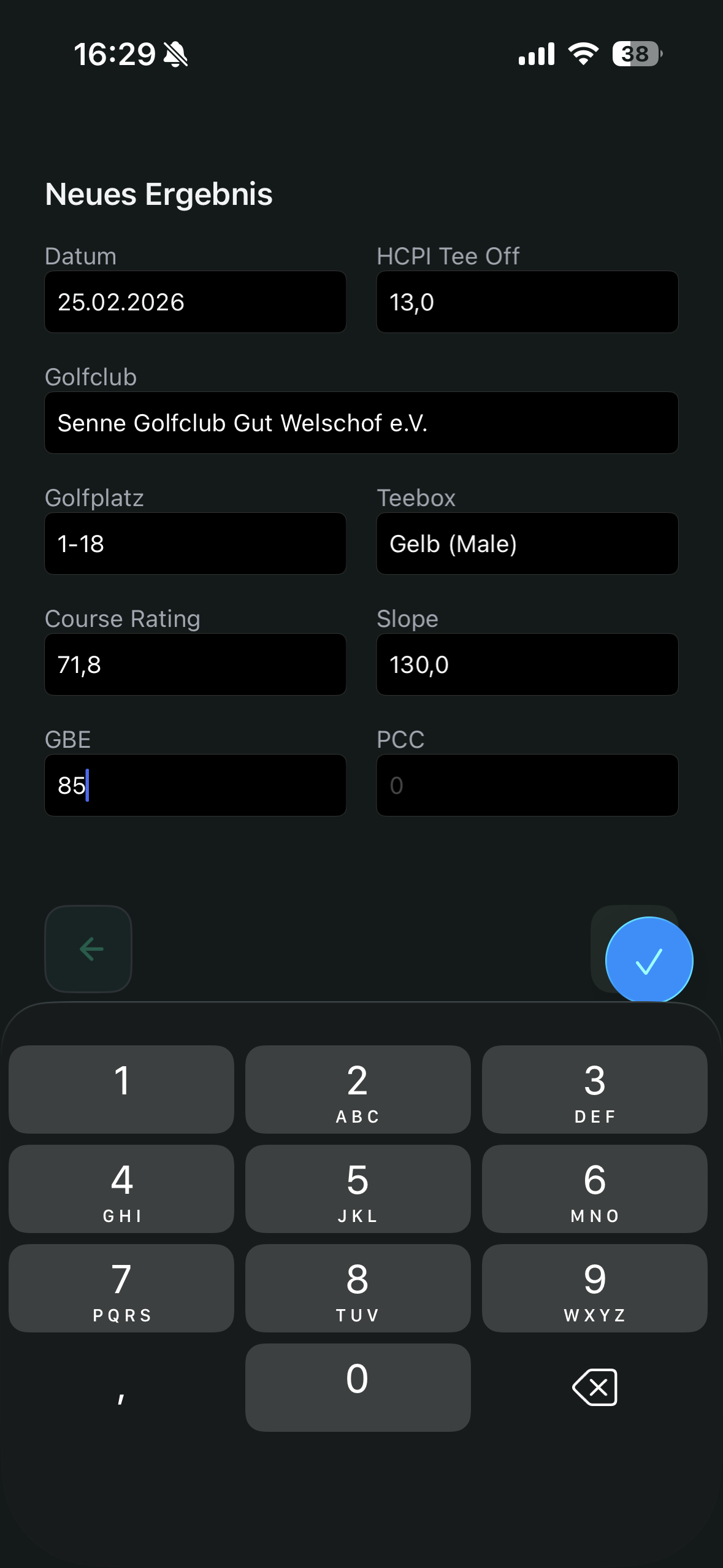 Neues Ergebnis - Eingabe