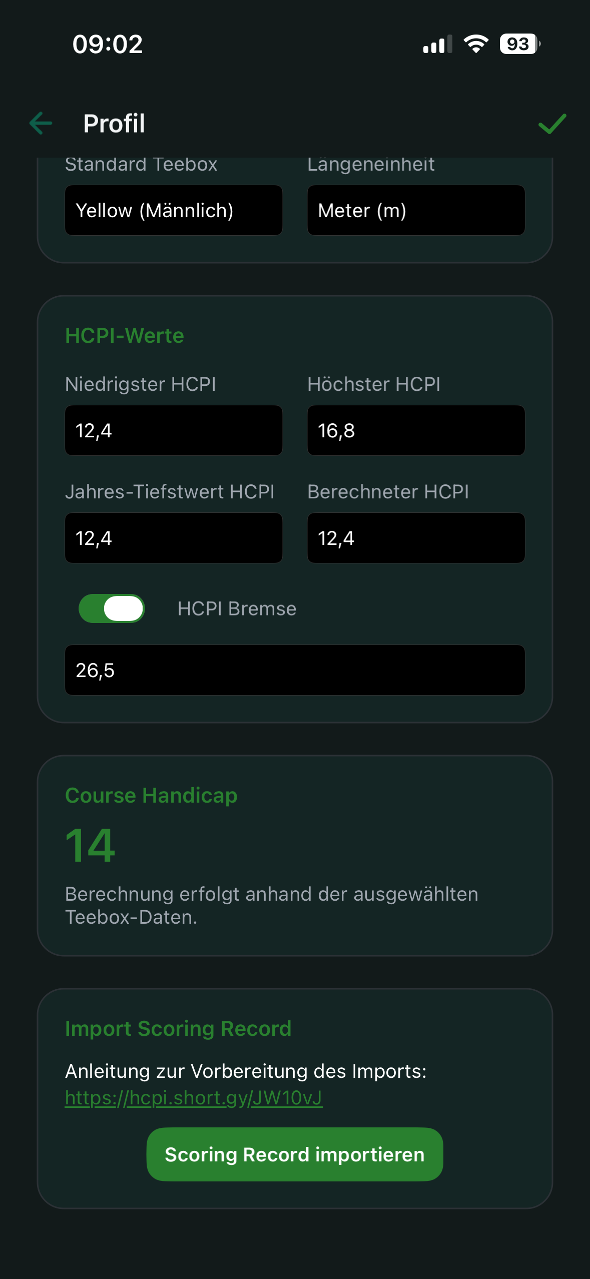 Profil - Course Handicap und Import